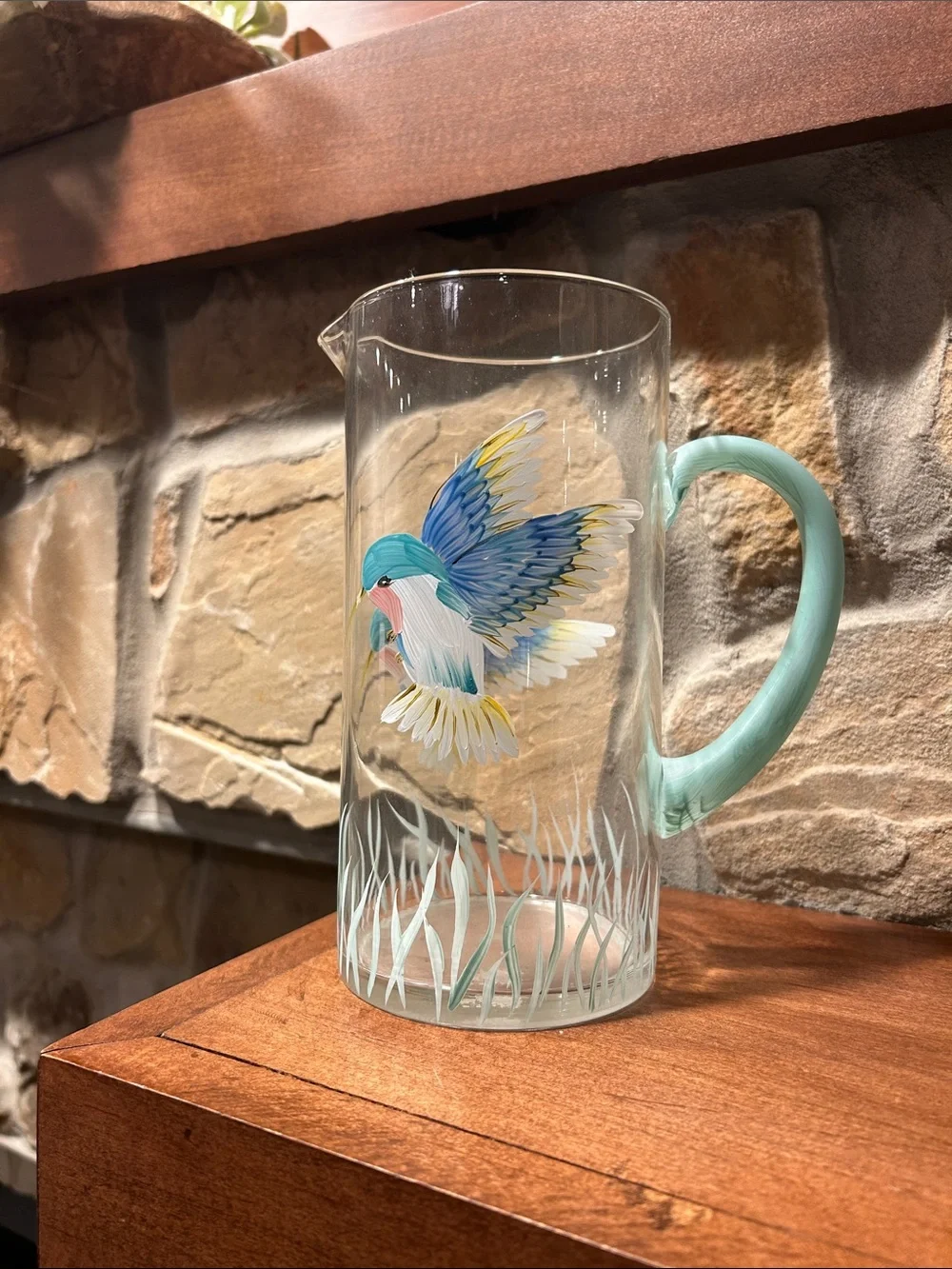 Hand-Painted Glass Pitcher with Colorful Hummingbirds